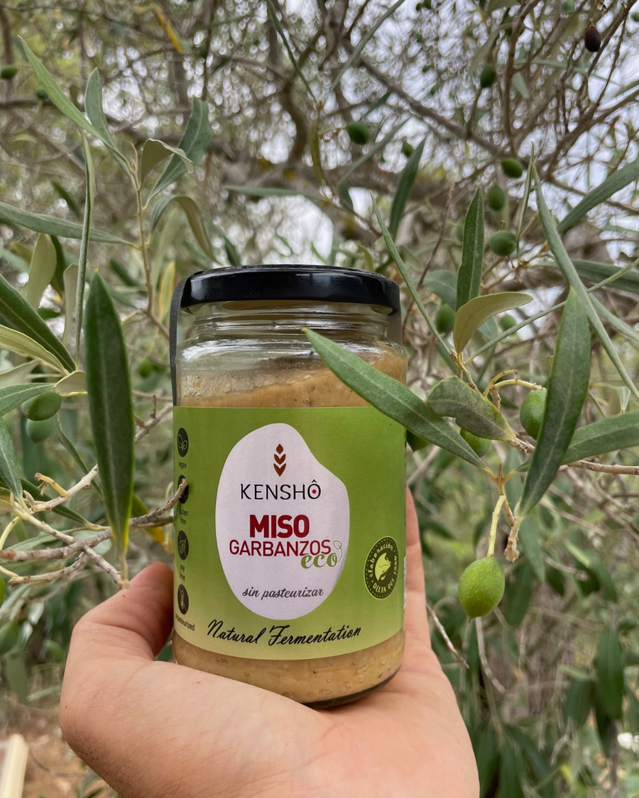 Hand holding a jar of KENSHÓ Miso Garbanzos eco in front of an olive tree