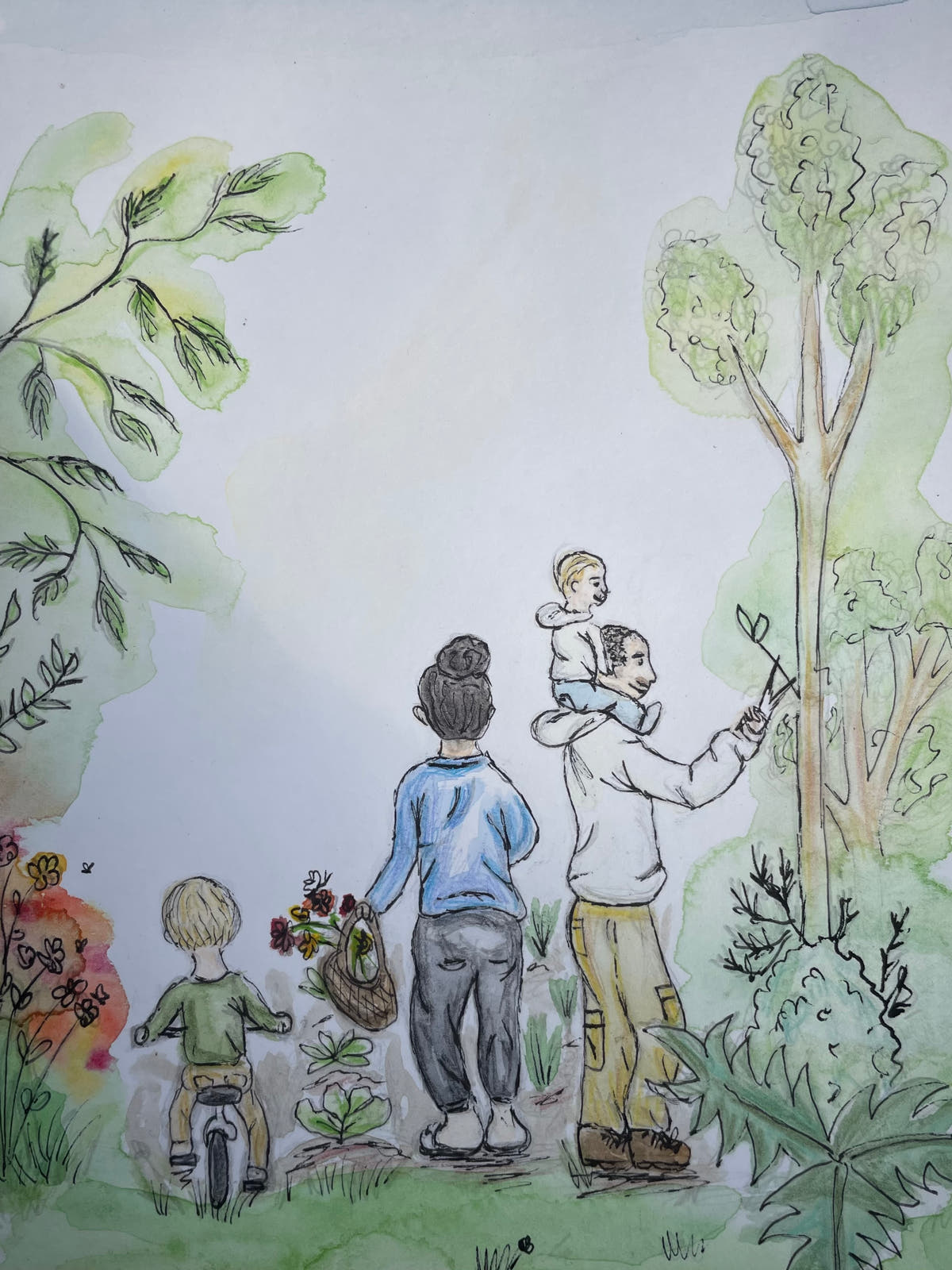 Illustration of a family in a garden with trees and plants.